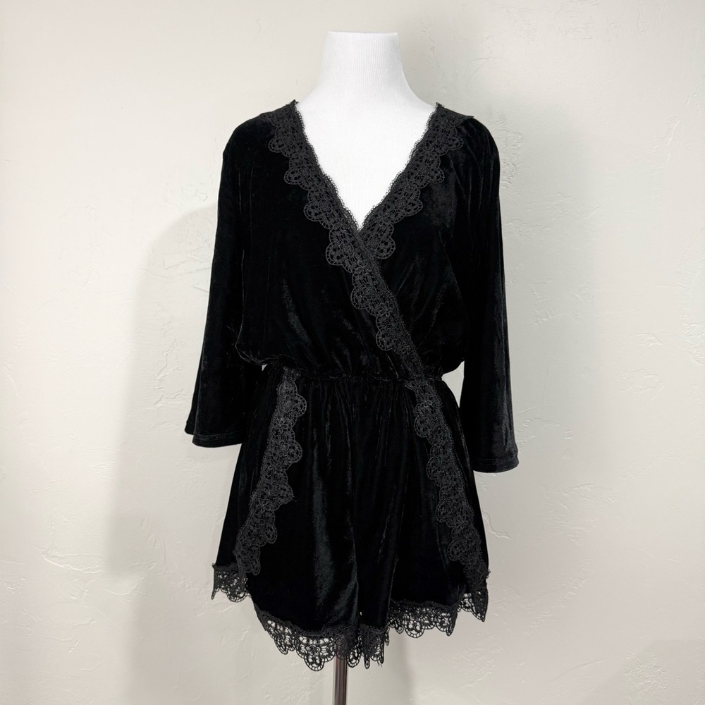 Favlux Black Velour Velvet Wrap Romper Lace Trim 3/4 Sleeve Whimsigoth Witchy